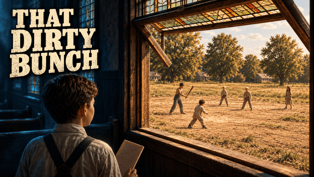 A view from a window showing a group of children playing baseball in a field, with a boy observing from inside a building. The scene features a rustic setting, with trees and a cloudy sky in the background.